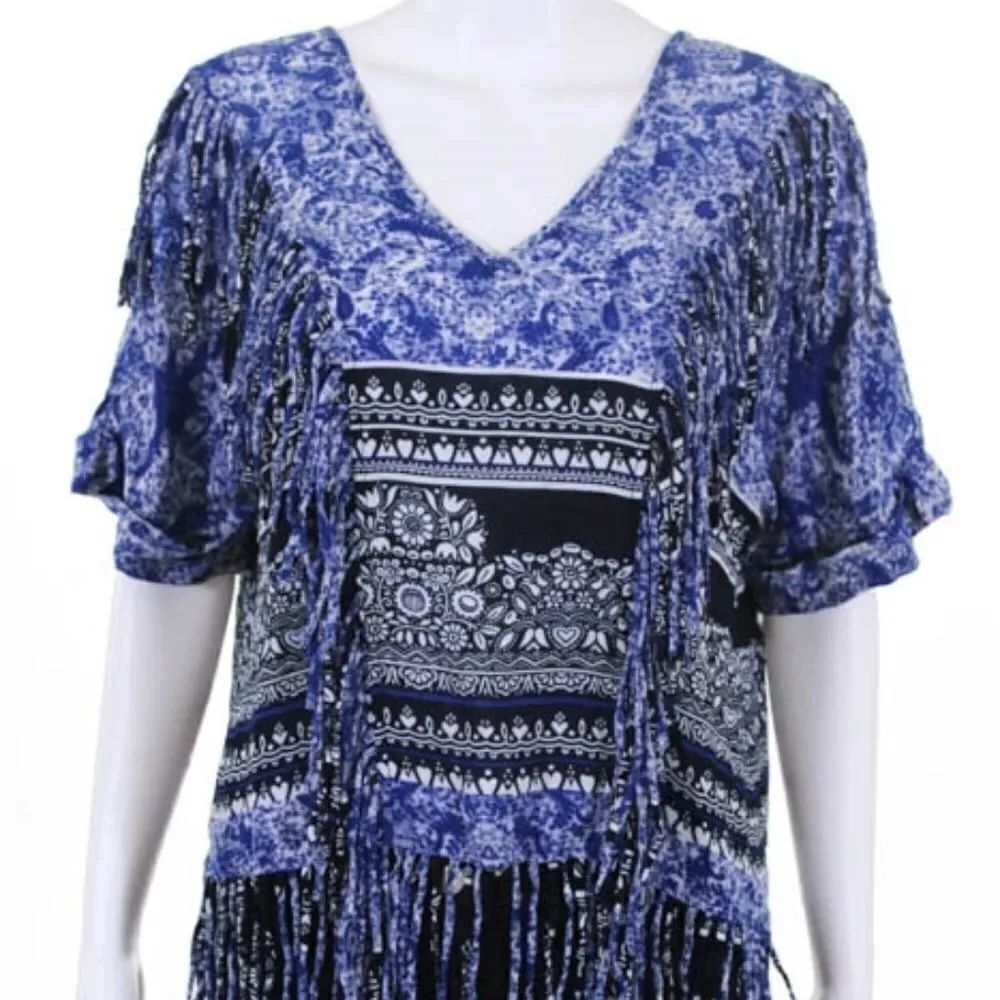 Gypsy 05 Blue White Floral Fringe Trim SS Top XS